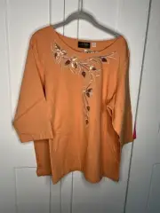 Bob Mackie Wearable Art Tangerine Sequin Leaf Top Blouse womens plus size 2X NWT