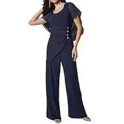 Cape Jumpsuit / Pantsuit Mother of the Bride Dress Elegant Simple Minimalist Scoop Neck Floor Length Chiffon Short Sleeve with Crystal Buttons 2025