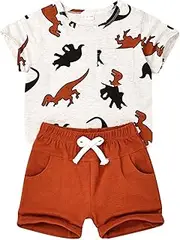 [ODIMAME] Baby Boy Clothes Toddler Boy Clothes Summer Outfits Dinosaur T-Shirt Pocket Short Pants Set 12 Months to 4 Years Old