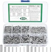800 Pcs Wire Ferrules Kit, Electrical Crimp Connectors, Tinned Copper Ferrule Crimp Terminals, Non-Insulated Cable Pin Cord End Cable Terminal Connectors, Crimp Fitting Wire End Ferrules, 10-22 AWG