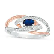 Oval Lab-Created Blue Sapphire and Diamond Accent Split Shank Ring in Sterling Silver and Solid 10K Rose Gold