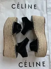 CELINE Espadrilles Black Velvet Scratch Wedge Sandals Phoebe Philo sz 39 40 41