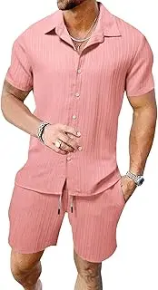 [Maiyifu-GJ] Men's Summer 2 Piece Beach Outfits Short Sleeve Button Down Cotton Linen Shirts and Shorts Sets for Men, Pink, Small