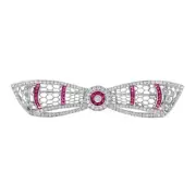 14K White Gold Natural Ruby and Diamond Art Deco Style Bow Brooch