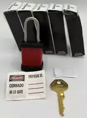 Lot of 5 Master Lock Padlock, Keyed the Same, S31 Red Safety Series Lock Out Tag
