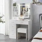 Dressing Table Stool Set Makeup Sliding Mirror LED Lighted Vanity Desk White