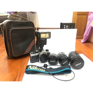 Nikon FM2 全機械單眼相機（銀黑色）1994年+3隻鏡頭+閃光燈+快門線+相機整組收納包