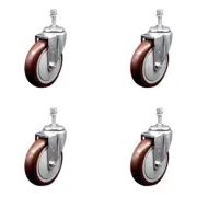 5 Inch SS Maroon Polyurethane Wheel Swivel 3/8 Inch Threaded Stem Caster Set SCC