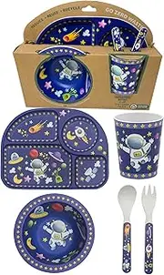 Childrens Dinner Set 4 Piece Dinner Set Bowl, Fork, Spoon, Plate and Cup Made from Recycled Materials HTUK (Space)