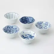 Hasami-yaki Nishikai Pottery Set of 5 Blue Patterned Flower Shaped From Japan