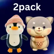 Cute Fruit Drink Plush Toy Soft Stuffed Pin Strawberry Milk Tea + penguin plush