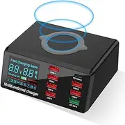 AUTENS Multiple USB Charger, 100W 8-Port Desktop Charging Station Hub with 10W Max Fast Wireless Charging, Quick Charge 3.0 Port, PD 15W Charger, LCD Display, AU Plug for Smart Phones Tablets ipad