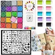 DIY Sponge Finger Painting Set, Finger Sponge Daubers, Finger Daubers Kit with 20 Colors Inkpad, 6 Pcs Stencils and 10 Pcs Finger Painting Sponge, DIY Craft Drawing Tools for Kids