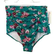 Cocopear High Waisted Green & Pink Floral Ruched Bikini Bottom NWT Size Medium