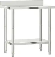 vidaXL Stainless Steel Kitchen Work Table with Backsplash - Silver, Adjustable Feet, 82.5x55x93 cm for Restaurant/Bar/School