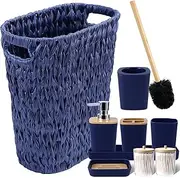 XLHOMO Navy Blue Bathroom Accessories Set with Wicker Trash Can, Navy Blue Bathroom Accessories Set Bathroom Sets Small Waste Basket Bathroom Trash Can for Bedroom Bathroom