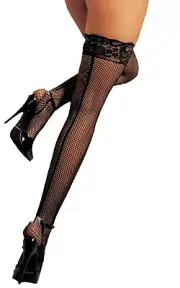 Stay Up Back Seam Fishnet Thigh High Stockings With Silicone Lace Top (1035)