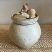 Vintage 1970s Studio Pottery Stoneware Honey Pot with Wooden Dipper Signed