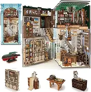 Book Nook Kit, DIY Miniature Dollhouse Booknook Kit, 3D Wooden Puzzle Bookend Bookshelf Insert Decor with LED Light for Teens and Adults