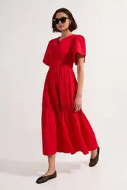 Shirred Cotton Tiered Woven Maxi Dress