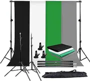 Abeststudio 6.5ft x 6.5ft Adjustable Backdrop Stand with 5.2ft x 10ft Non-Reflective Fabrics (White, Black, Green, Gray) for Portrait, Wedding, Party, Video Production
