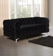 2 Seater Sofa Classic Button Tufted Lounge in Black / Grey Velvet Fabric with Metal Legs