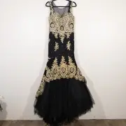NWT Abby Paris Lucci Lu Black Gold Tulle Mermaid Crystal Embellished Gown 10