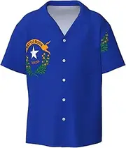 [VPPUR] Nevada State Flag Print Fashion Short Sleeve Button Down Cuban Collar Shirt Left Chest Convenient Pocket
