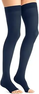JOBST Maternity Opaque Thigh High Compression Stockings, 20-30 mmHg Firm Support for Aching Legs During Pregnancy, Open Toe, Navy, Large