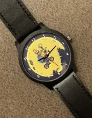Homer And Bart Simpson On ET Style Bike Themed Black Leather Band Wrist Watch