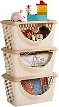 3 Pack Onion and Potato Storage Bins with Lids, Plastic Stackable Storage Baskets, Hollow Large Capacity Kitchen Food Storage Bins Fruit Baskets for Onions, Potatoes, Fruits, Vegetables. (Beige)