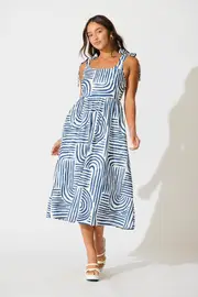 Asha Midi Sundress Sleeveless in Navy Swirl Print Linen Blend 8
