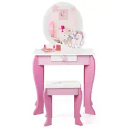 Babyjoy Kids Dressing Table & Chair Set Princess Makeup Table w/Mirror & Stool 2-in-1 Vanity Set Writing Desk Pink