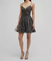 $295 Aidan Mattox Women's Black Metallic Asymmetrical Mini Dress Size 4