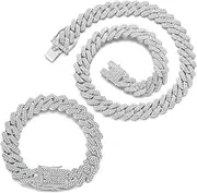 [JUNVirtuous] 2 Pieces Cuban Link Chain Mens Iced Out Miami Cuban Necklace and Bracelet Silver Bling Diamond Hip Hop Jewelry for Men and Women