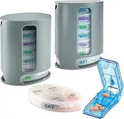 Weekly Pill Organizers with Pill Cutter Splitter (Pack of 2) 4 Times a Day Weekly Medication Dispenser Reminder, 7-Day Stackable Compartments - Morning, Noon, Evening, and Bedtime, Grey