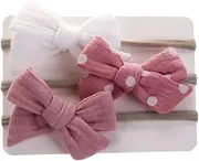 [Generic] Baby Girl Nylon Headbands Infant Elastic Hair Band Bows For Newborn Toddler Hair Accessories Pack of 3 (Dusty Pink)