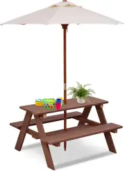 Kids Picnic Table, Wooden Table & Bench Set W/Removable & Foldable Umbrella, Tod