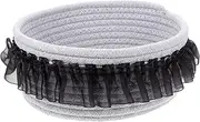 Luxshiny Woven Storage Basket with Gauze Skirt Edging Cotton Rope Organizer for Desktop Grey with Trim for Home Decor Nursery Office Tidy Living Spaces