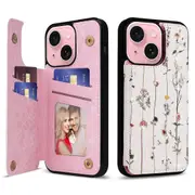 For iPhone 15 Kickstand Case Lacquered Card Holder Cover with ic Buttons - Small
