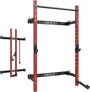Mikolo 2.36" x 2.36" Folding Wall Mounted Squat Rack, 1000 Pounds Capacity Power Rack with Pull Up Bar, J Hooks, Landmine and Other Attachments, Space-Saving Home Gym