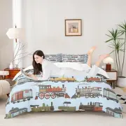 Train Duvet Cover Set Twin Size,Cartoon Choochoo Steam Engine Train Bedding S...