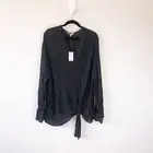 Juicy Couture Tie Front Surplice Flare Sleeve Black Silver Blouse Women XXL NWTs