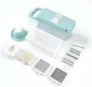 MS. KUKI Vegetable Chopper 12 in 1 Multifunctional Veggie Mandoline Slicer Cutter Food Dicer with Container Hand Guard Draining Basket Stainless Steel Blades for Onion Potato Carrot - White (Blue)