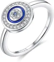 [Kaletine] Round Blue Evil Eye Band Ring in Sterling Silver 925 Cubic Zirconia & Enamel Size 6-8