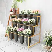 3 Tier 12 Buckets Flower Display Stand with Wheels, Iron Frame and Plastic Bucket Plant Stand, for Patio Garden, Living Room, Florist(Gold Shelf Black Bucket,Small)