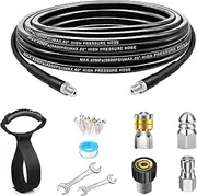 15 FT Sewer Jetter Kit for Pressure Washer, 5800 PSI Drain Jetter Washer Hose with Corner Rotating Button Nose Sewer Jetting Nozzle, Water Jet Drain Cleaner with 1/4” NPT Handle Strap