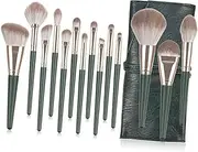 [Minkissy] 14 in 1 Makeup Brush Kit Green Wooden Handles Cosmetics Brush Set Storage Bag for Daily Use