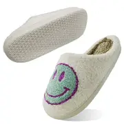 Nevenka Womens Retro Smiley Face Soft Plush Slippers Comfy Slip-on Shoes-SmileyGreen