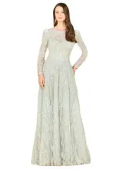 LARA New York Long Sleeve Beaded Lace Gown in Frost at Nordstrom, Size 16